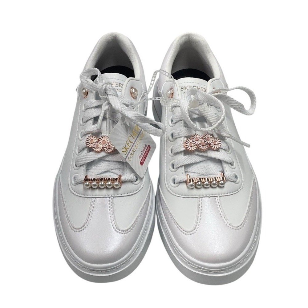 Skechers Court & Classics White Sneakers‎ Pearl Trim Rose Gold Sz 8 Bridal Wear - Picture 3 of 6